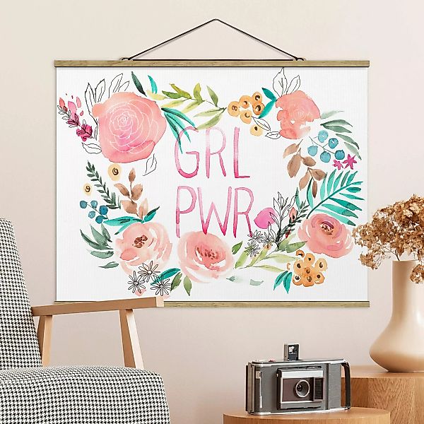 Stoffbild Spruch mit Posterleisten - Querformat Rosa Blüten - Girl Power günstig online kaufen