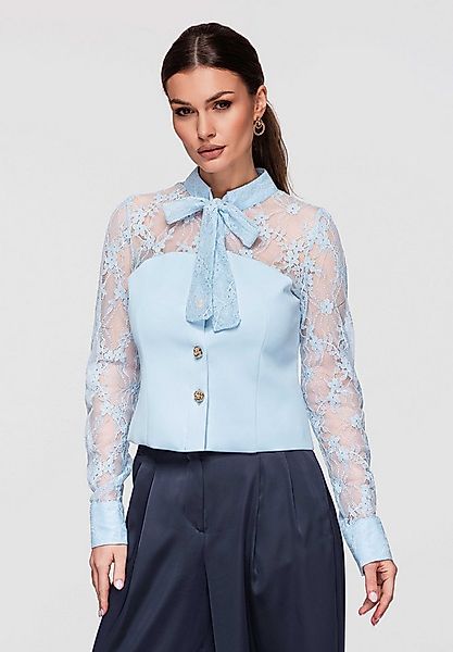 OMBRE Langarmhemd Damen Bluse Spitze Figurbetont Elegant Blau S (kein Set, günstig online kaufen