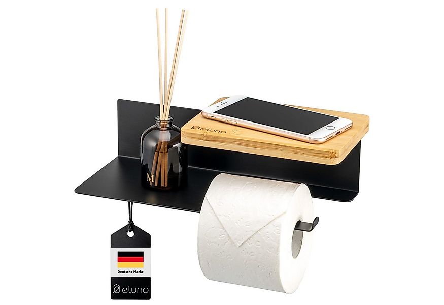 eluno Toilettenpapierhalter VARAZ mit 2 Ablagen aus Metall und Bambus, schw günstig online kaufen