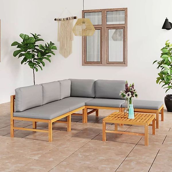 6-tlg. Garten-lounge-set Mit Grauen Kissen Massivholz Teak günstig online kaufen