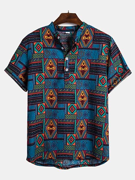 Mens Ethnic Style Abstract Printing Kurzarm Sommer Casual Loose Henley Shir günstig online kaufen