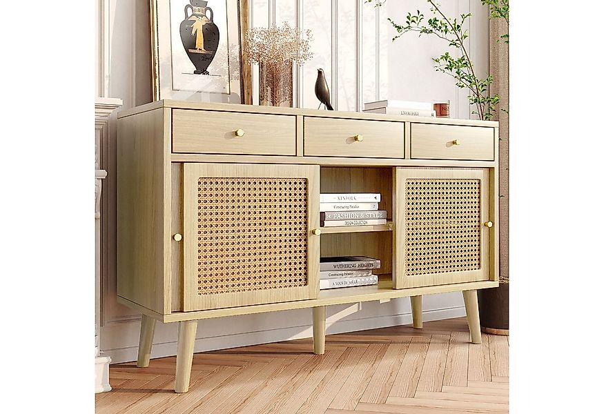 Celya Sideboard Kommode mit 3 Schubladen und 3 Schiebetüren, Rattangeflecht günstig online kaufen