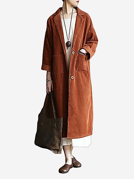 Revers Einfarbig Langarm Cord Vintage Langer Mantel günstig online kaufen