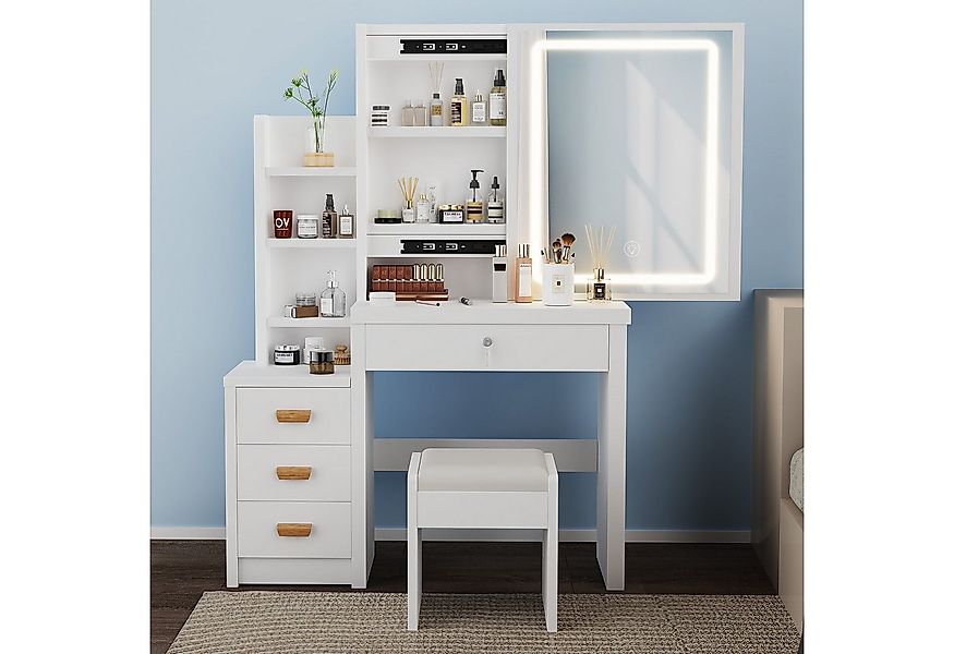 oyajia Schminktisch LED-Beleuchtung,mit Spiegel Hocker und 4 Schubladen Kos günstig online kaufen
