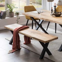 Baumkanten Bank für Esstisch Eiche Massivholz und Metall günstig online kaufen