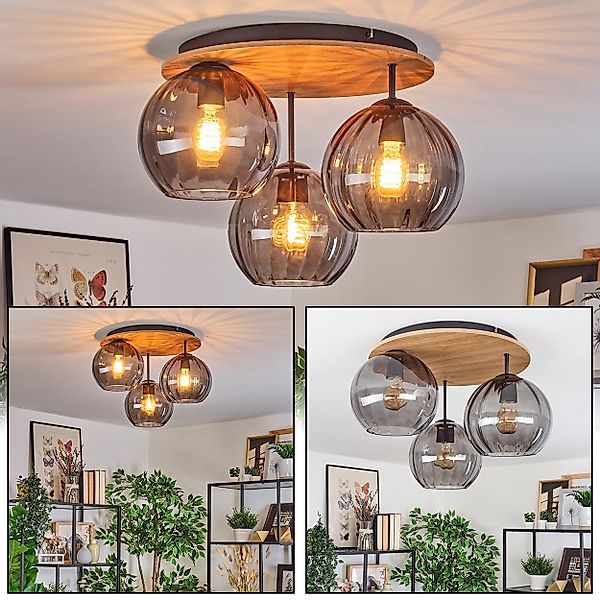 hofstein Deckenleuchte Deckenlampe aus Metall/Holz/Riffelglas in günstig online kaufen