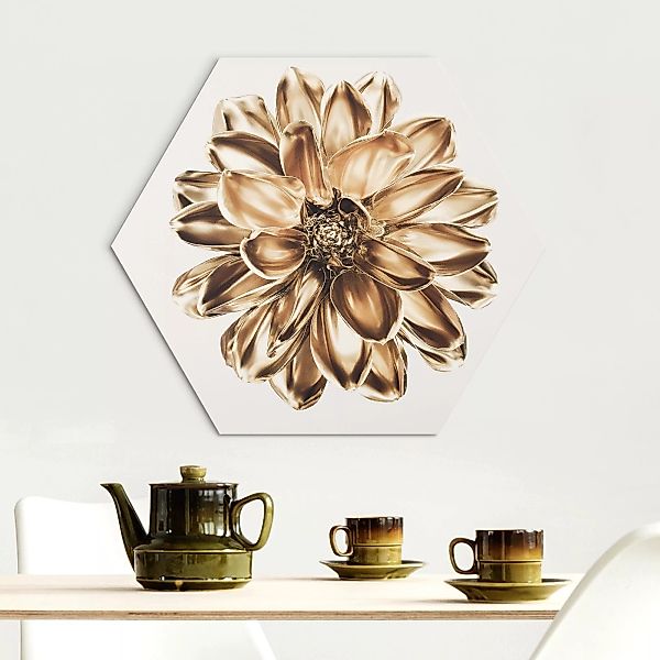 Hexagon-Alu-Dibond Bild Dahlie Blume Gold Metallic günstig online kaufen