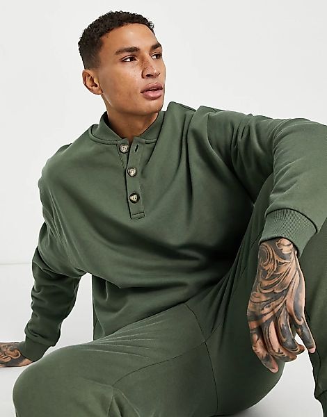 ASOS DESIGN – Oversize-Sweatshirt in Khaki mit Bomberjacken-Kragen, Kombite günstig online kaufen