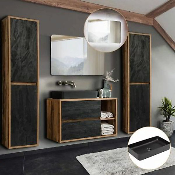 Lomadox Badmöbel Set mit Keramik-Waschtisch und LED-Spiegel HARLOW-56 Eiche günstig online kaufen