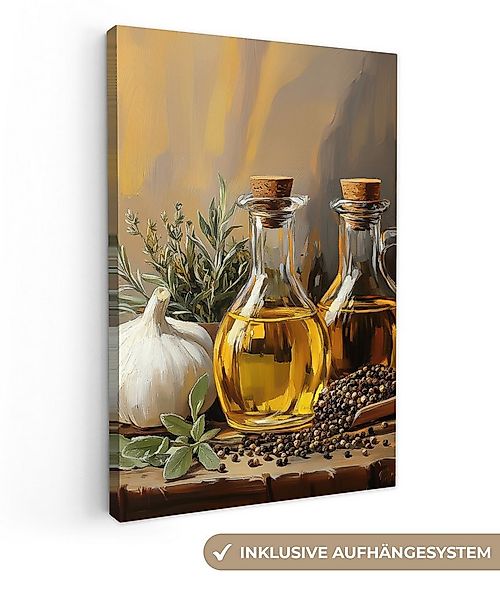 OneMillionCanvasses® Leinwandbild Stilleben - Olivenöl - Knoblauch - Kräute günstig online kaufen