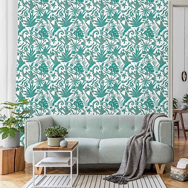 Fototapete Aquarell Kolibri und Pflanzen Silhouetten Muster in Türkis günstig online kaufen