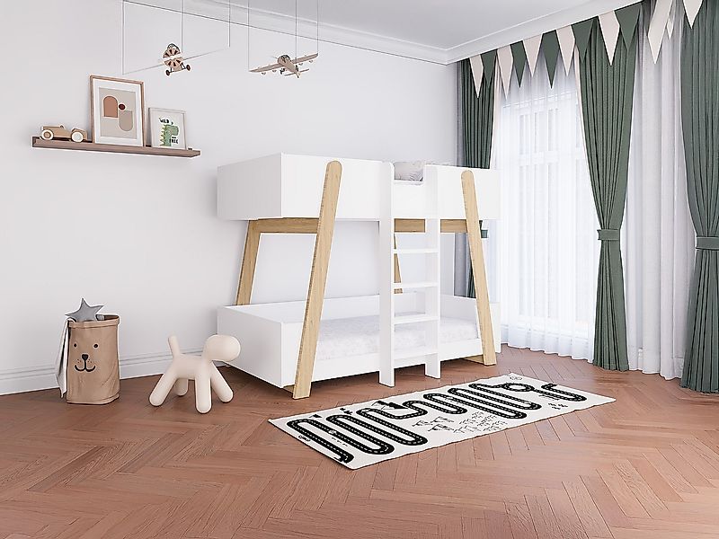 Etagenbett - 90 x 190 cm - Weiß und Natur + Matratze - CORODELA günstig online kaufen