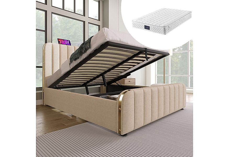 HAUSS SPOLE Polsterbett 140x200 cm, Hydraulisches Bett mit goldenen Zierstr günstig online kaufen