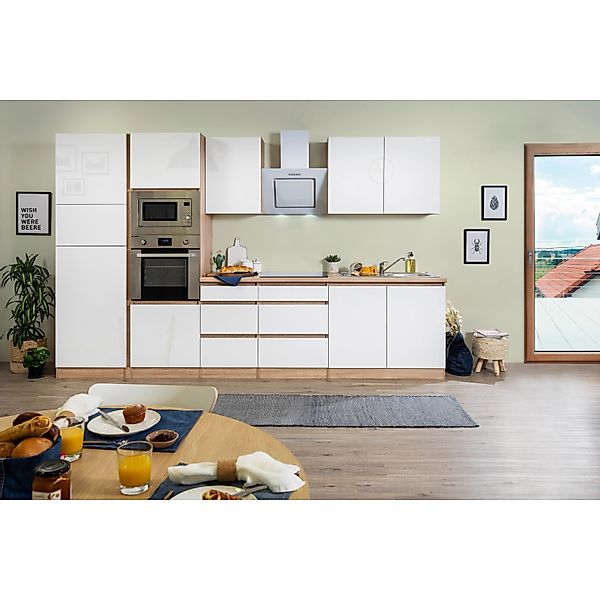 Respekta Premium Küchenzeile Grifflos 335 cm Weiß Hochglanz-Eiche Sägerau günstig online kaufen