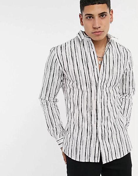 Twisted Tailor – Schwarz-weiß gestreiftes Hemd in schmaler Passform günstig online kaufen
