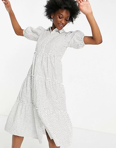 Influence – Gestuftes Hemdkleid mit Punktemuster in Weiß günstig online kaufen