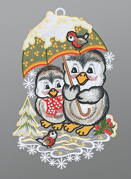 Plauener Spitze® Fensterbild Pinguinpaar mit Schirm, günstig online kaufen