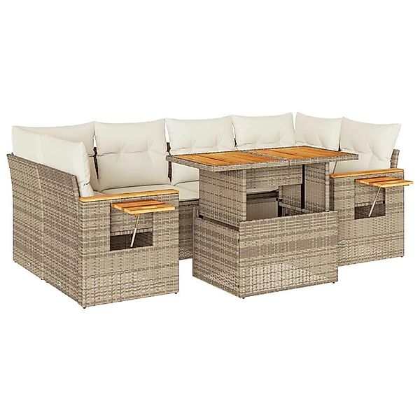 vidaXL 7-Tlg Garten-Sofagarnitur mit Kissen Beige Poly Rattan Akazie 332756 günstig online kaufen