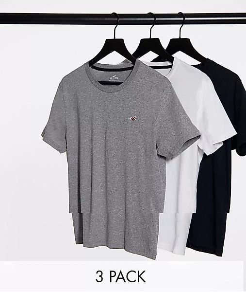 Hollister – T-Shirts mit Baseball-Logo in Weiß/Schwarz/Kalkgrau im 3er-Pack günstig online kaufen