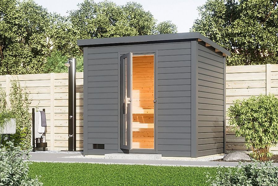 Karibu Saunahaus Saunahaus 38mm Melo 3 Ofen 9 kW integr. Strg terragrau, no günstig online kaufen