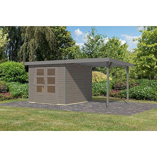 Karibu Gartenhaus Ernesto 3,5 D m. Anbaudach Wassergrau/Grau 209 x 238 x 24 günstig online kaufen