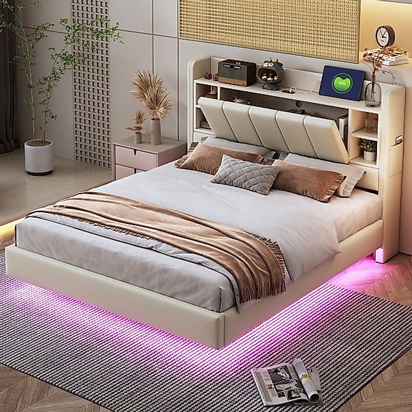 Flieks Polsterbett, LED Schwebebett Doppelbett 140x200cm günstig online kaufen