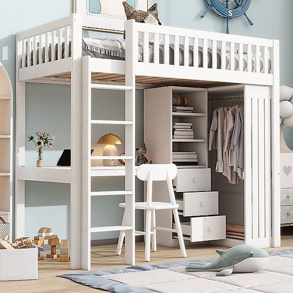 Ulife Hochbett mit Schreibtisch, Kleiderschrank, 3 günstig online kaufen