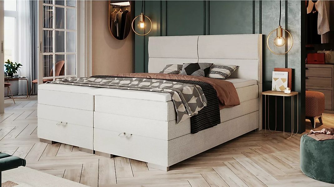 Massivart® Boxspringbett MANDEWILLA 180 x 200 cm / Cordbezug / beige, Härte günstig online kaufen