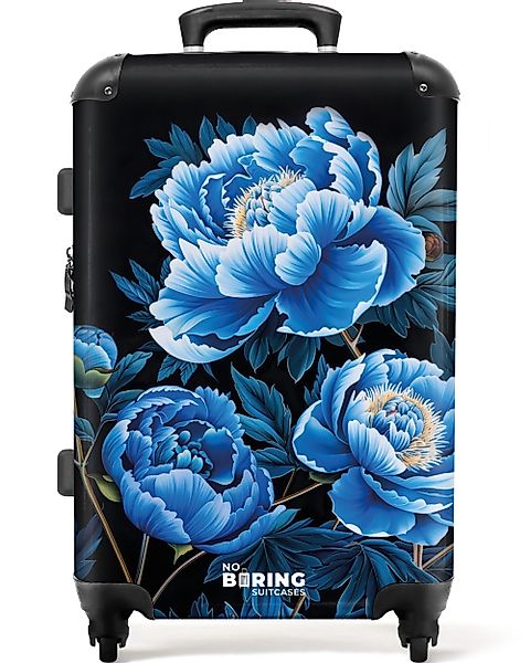NoBoringSuitcases.com© Hartschalen-Trolley Schwarz mit blauen Pfingstrosen günstig online kaufen