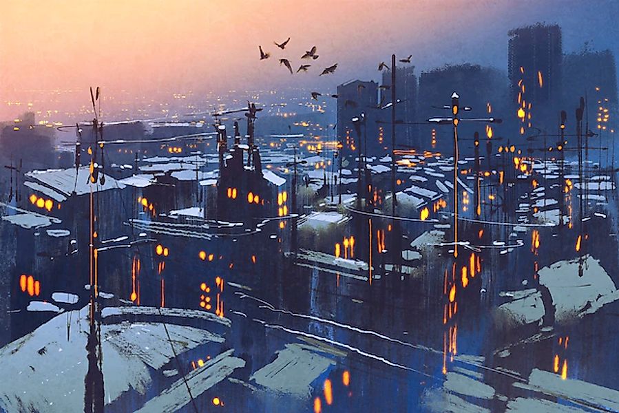 queence Leinwandbild »Stadt bei Nacht« Gebäude   Kunst   Modern   Sonnenauf günstig online kaufen