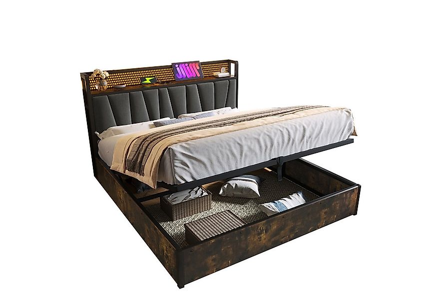 Flieks Polsterbett, LED Metallbett Holzbett mit Ladefunktion und Stauraum 1 günstig online kaufen
