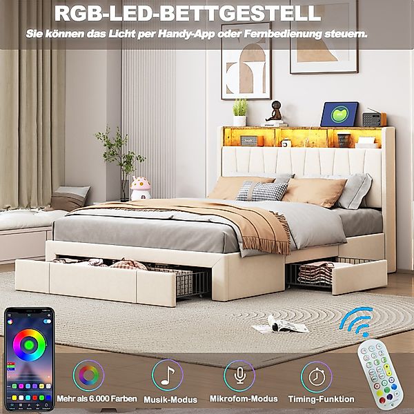 FUROKOY Polsterbett Doppelbett,Funktionsbett Stauraumbett mit LED-Licht günstig online kaufen