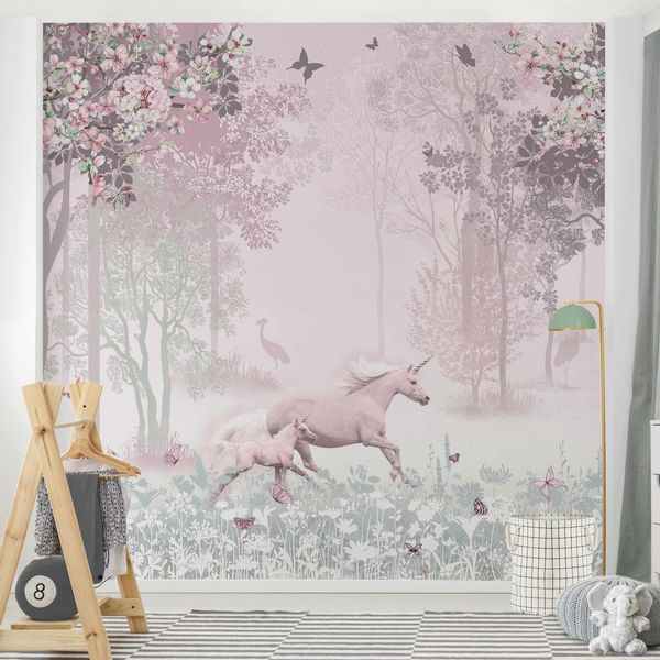 Bilderdepot24 Kindertapete Kinderzimmer Einhorn Blumenwiese Rosa günstig online kaufen