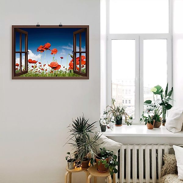 Artland Poster "Fensterblick Feld mit Mohnblumen, braun", Fensterblick, (1 günstig online kaufen