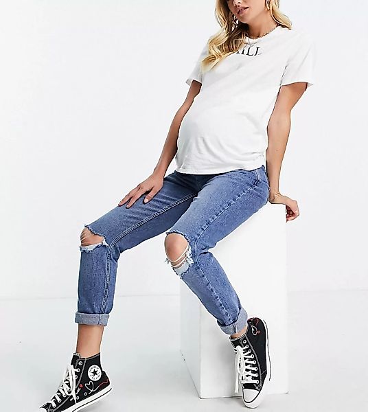 New Look Maternity – Mittelblaue Mom-Jeans mit Zierrissen günstig online kaufen