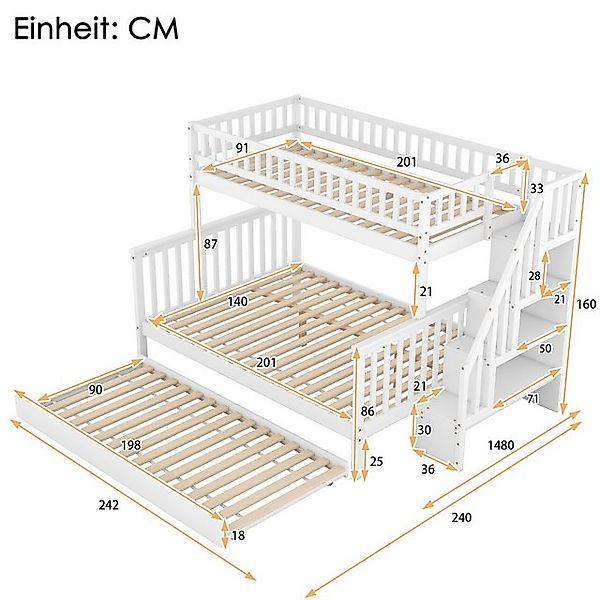 Celya Etagenbett 90x200cm über 140x200cm Etagenbett mit Rollbett und Treppe günstig online kaufen