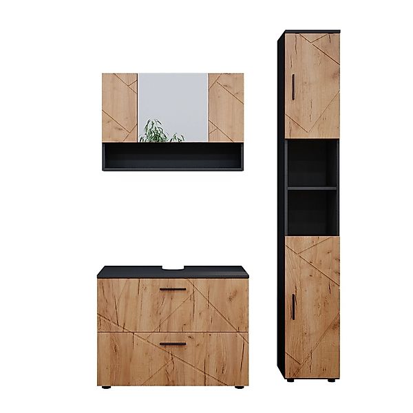 Vicco Badmöbel-Set Irma Anthrazit/Eiche 3 Teile mit Spiegelschrank 80 cm günstig online kaufen
