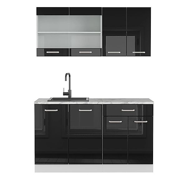 Vicco R-Line Mini-Küche Schwarz Hochglanz 140 cm AP Marmor günstig online kaufen