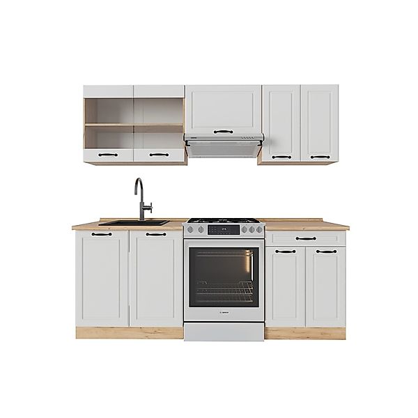 Vicco R-Line Küchenzeile Weiß Landhaus/Goldkraft Eiche 200 cm ohne Arbeitsp günstig online kaufen