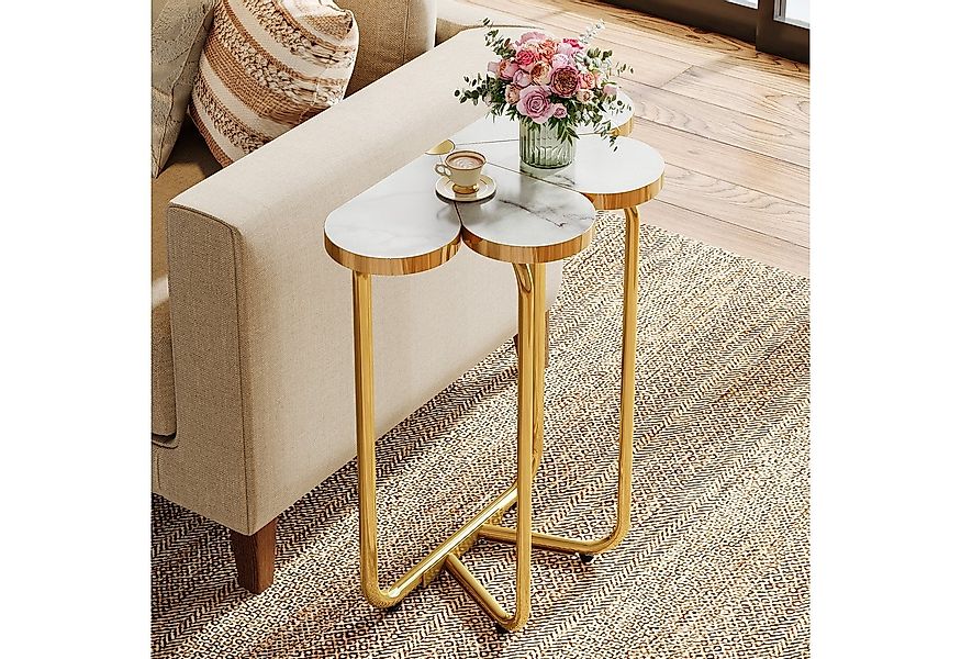 Tribesigns Beistelltisch weiß und golden Kaffeetisch mit halbrundem Blumenm günstig online kaufen