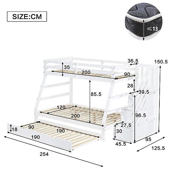 Merax Etagenbett 90/120x200cm mit Ausziehbett 90x190cm (1-St), Kiefer Hochb günstig online kaufen