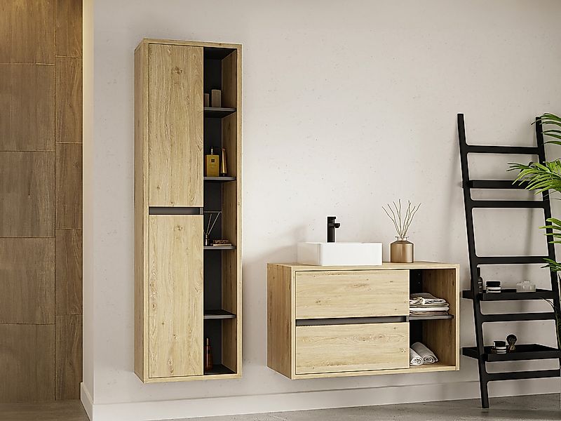 Waschbeckenunterschrank hängend mit quadratischem Waschbecken und Schrank - günstig online kaufen