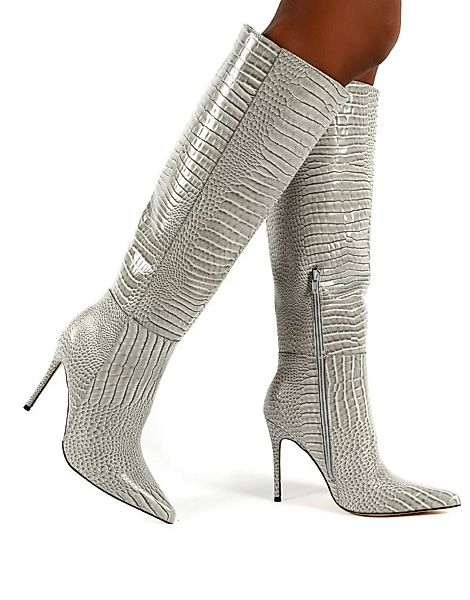 Public Desire – Aimi – Kniehohe Stiefel in Grau mit Kroko-Optik günstig online kaufen