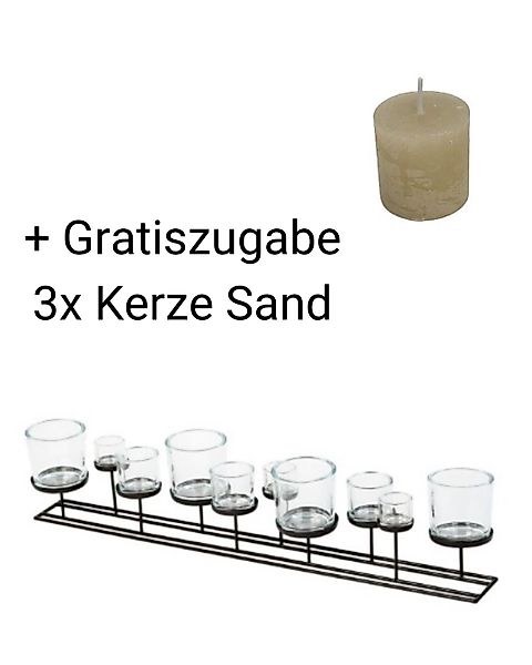 Lincoln - Eisenwindlicht 100 cm mit 10 Gläsern + Gratiszugabe 3x Kerze Sand günstig online kaufen