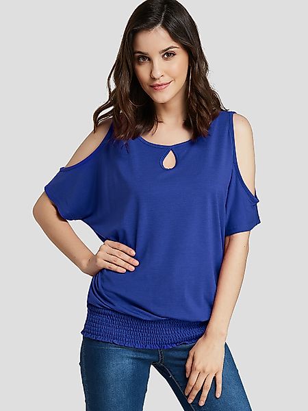 Blue Cold Shoulder Smocking Saum T-Shirt günstig online kaufen
