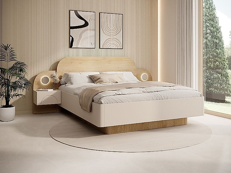 Bettkasten 160 x 200 cm - Mit Nachttischen und LEDs - Beige und Naturholz + günstig online kaufen
