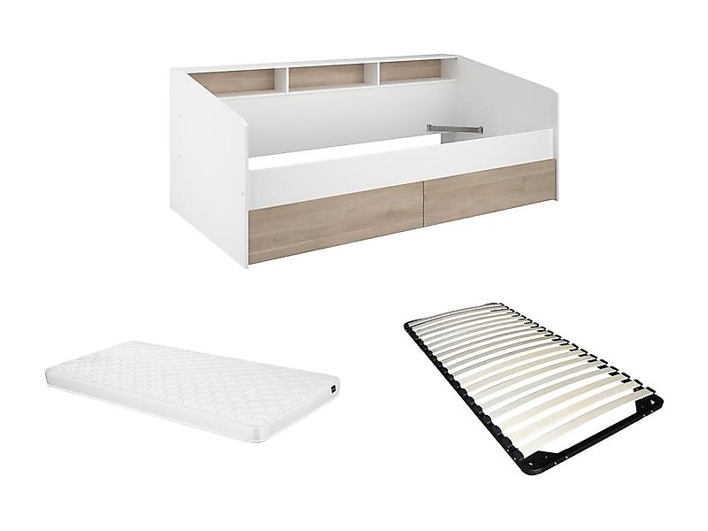 Bett 90 x 190/200 cm mit Stauraum  + Lattenrost + Matratze - Weiß & Holzfar günstig online kaufen