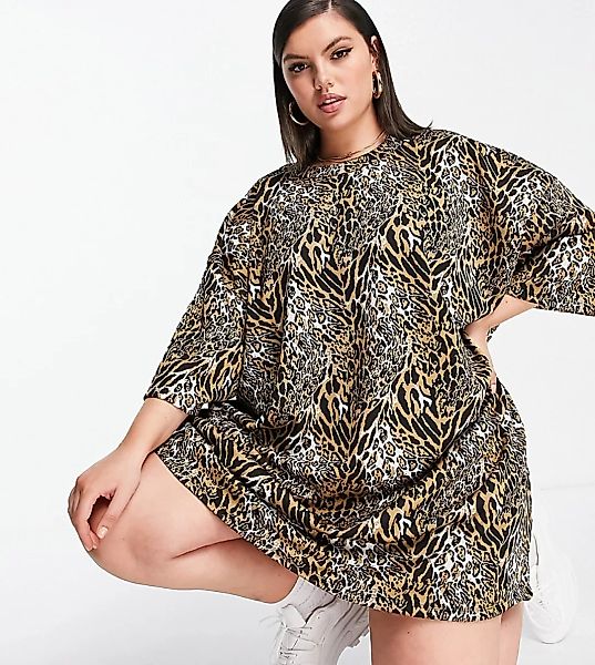 ASOS DESIGN Curve – Oversize-T-Shirt-Kleid mit braunem, strukturiertem Leop günstig online kaufen