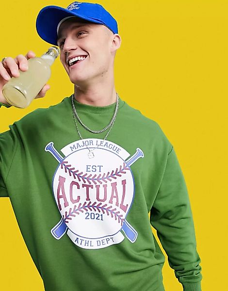 ASOS Actual – Oversize-Sweatshirt mit Vintage-Softball-Print in Grün günstig online kaufen