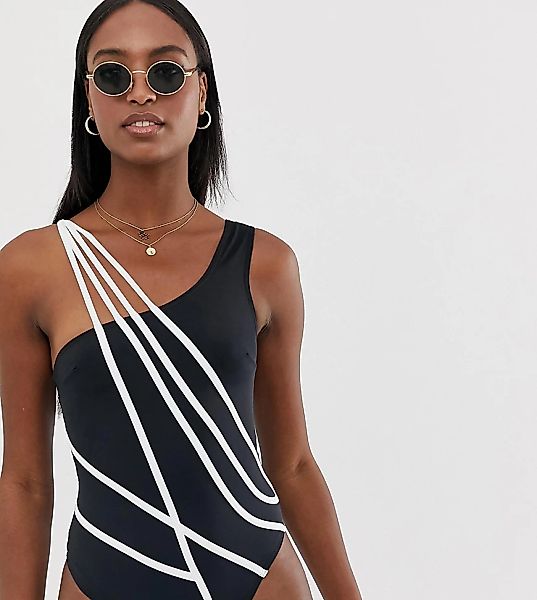 ASOS DESIGN Tall – Badeanzug mit kontrastierendem Gitterdesign, in Monochro günstig online kaufen